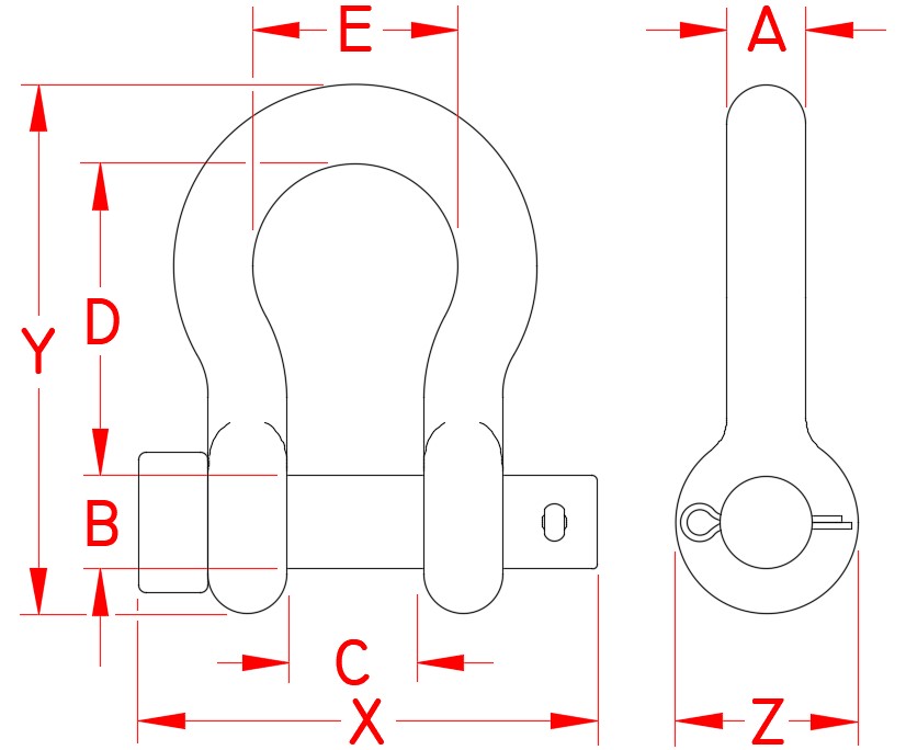Stainless Steel Round Pin Anchor Shackle, S0116-RP07, S0116-RP08, S0116-RP10, S0116-RP12, S0116-RP13, S0116-RP16, S0116-RP20, S0116-RP22, S0116-RP25, S0116-RP32, Line Drawing